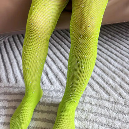 Summer Kids Sparkling Fishnet Pantyhose — Tight Fitting Diamond Hollow Latin Dance Leggings for Girls