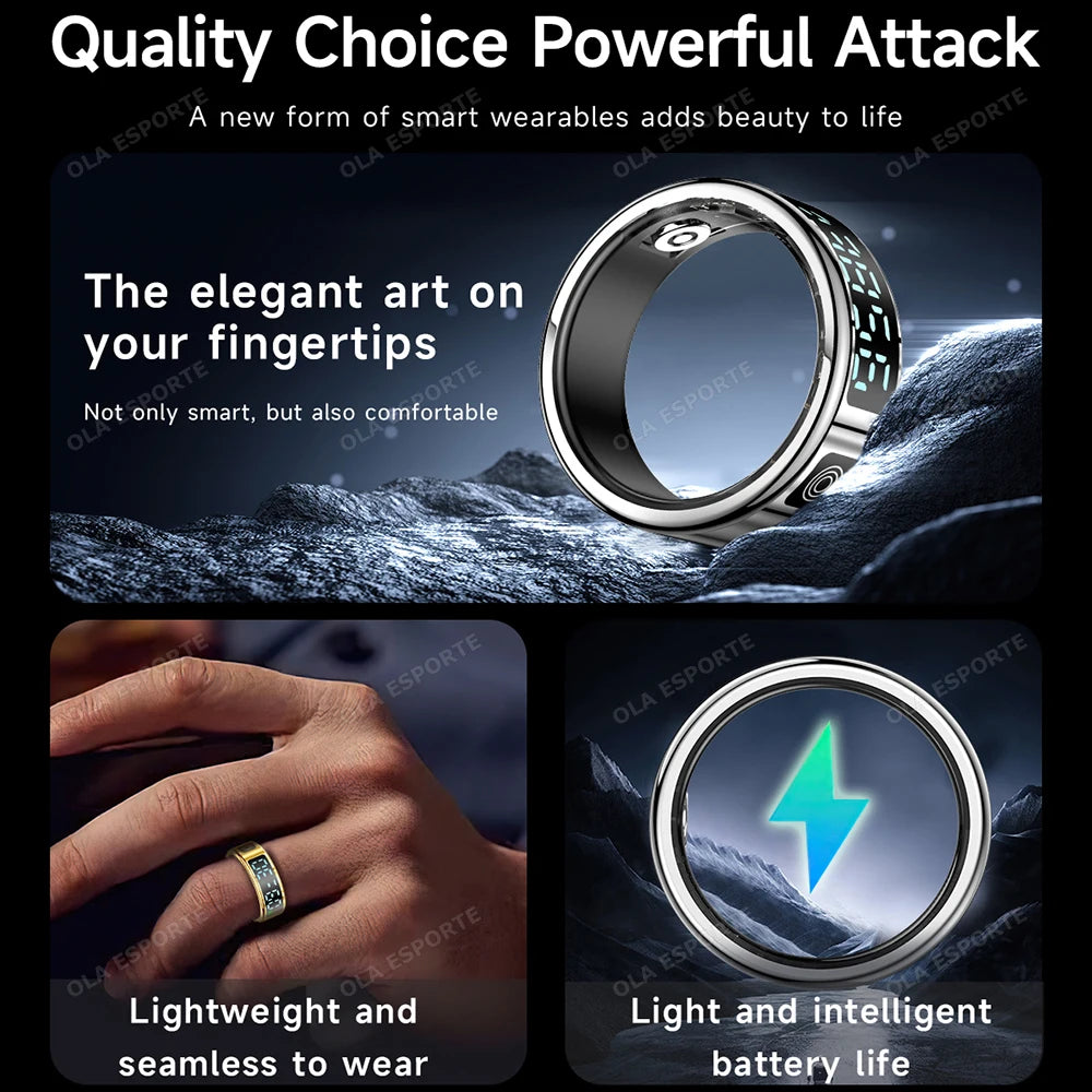 2026 R12 Smart Ring with Display Screen & Touch Control – Wireless Charging Health Tracker, 5ATM Waterproof Fitness Smart Ring for Men & Women