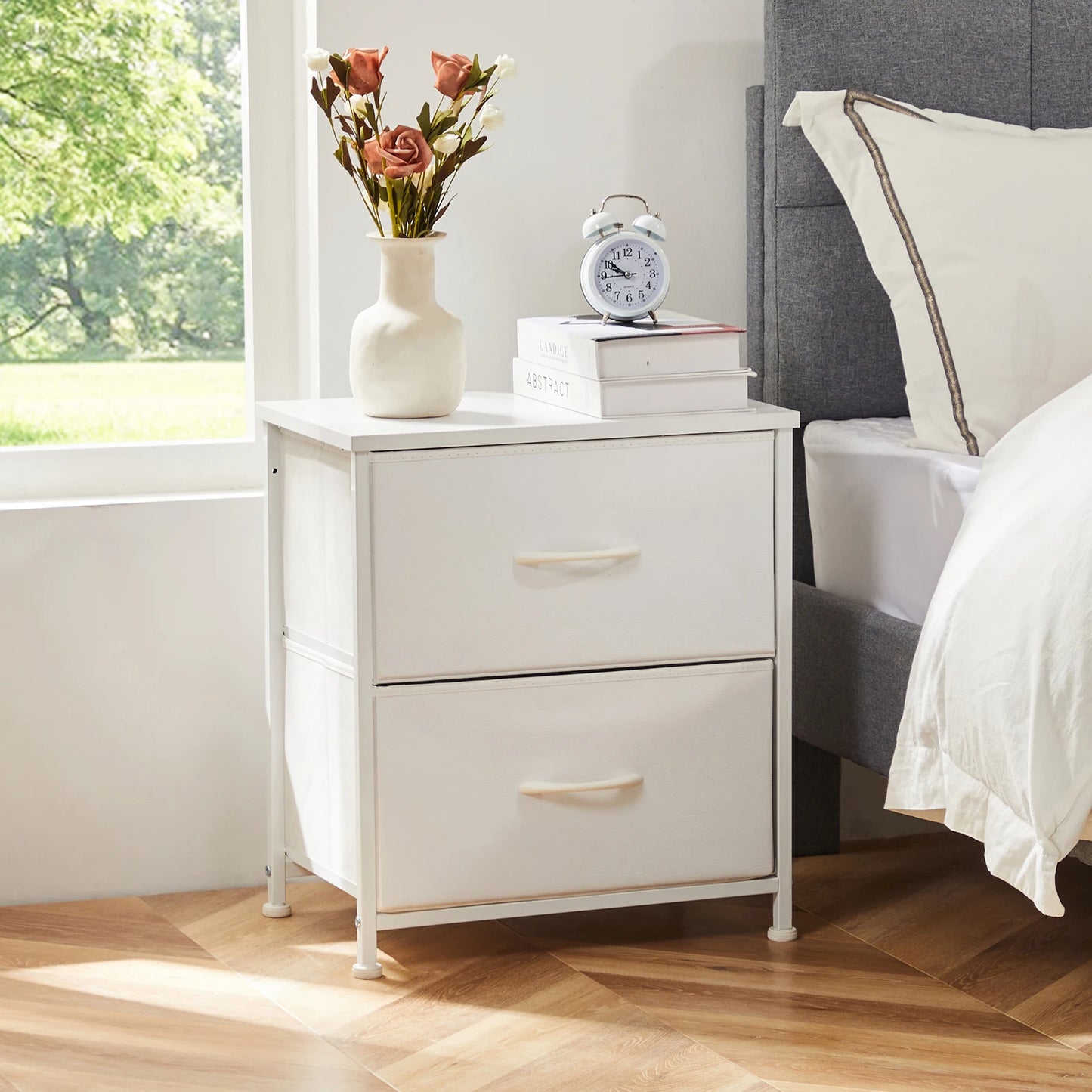 Nightstand Bedside Table – Coffee, Sofa & Tea Table with 2 Fabric Drawers for Bedroom Storage & Clothes Display