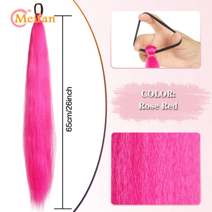 MEIFAN Synthetic Color Braid Ponytail Extension – Red, Green, Blue, Pink, Straight Hair Wrap Around with Elastic Tie