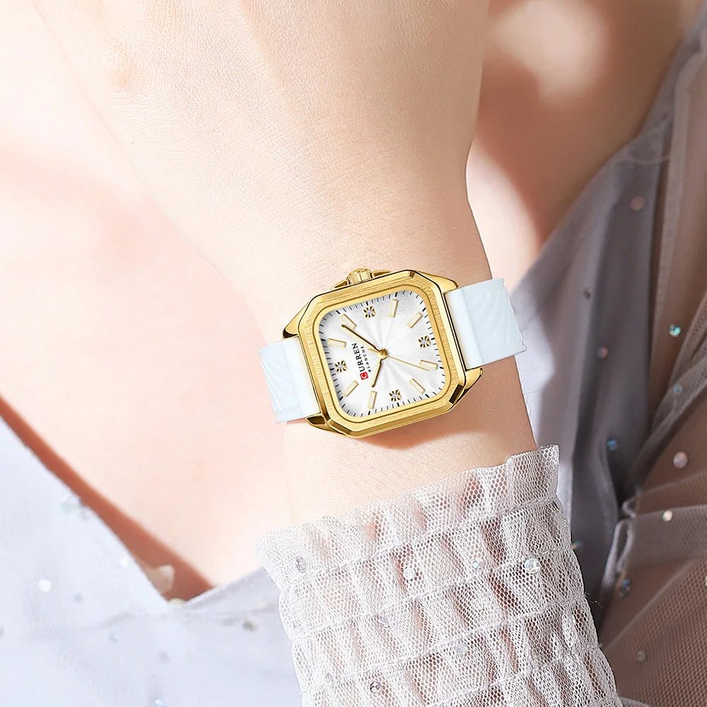 CURREN Square Women’s Quartz Watch - Casual Silicone Strap Fashion Wristwatch with Gift Box
