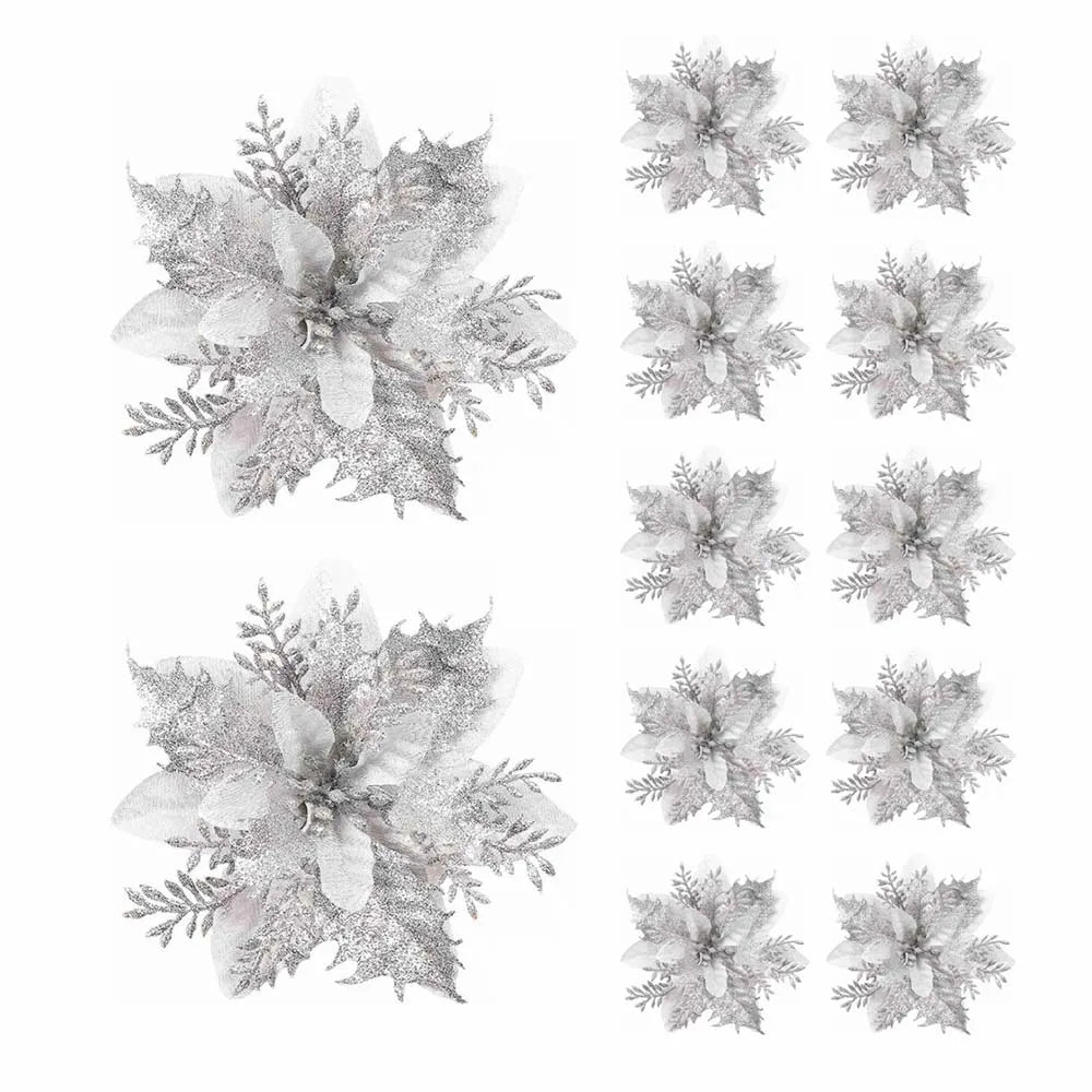 5/10PCS 14.5cm Christmas Flower Ornaments | Pink, Red, Gold Glitter Artificial Flowers for Tree & Home Xmas Decoration