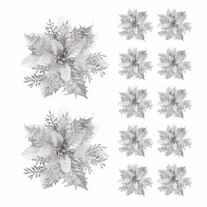 5/10PCS 14.5cm Christmas Flower Ornaments | Pink, Red, Gold Glitter Artificial Flowers for Tree & Home Xmas Decoration