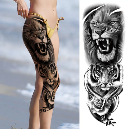 Full Arm Temporary Tattoo Sleeve - Realistic Warrior Lion Tiger Flower & Maori Design Fake Tattoos