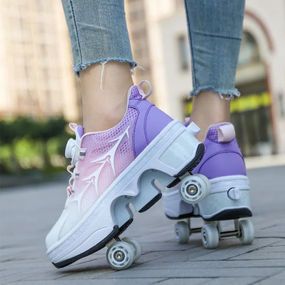Dual Purpose Roller Skates Shoes - Adjustable Double Row 4-Wheel Deformation Roller Sneakers for Kids & Teens Size 33-44
