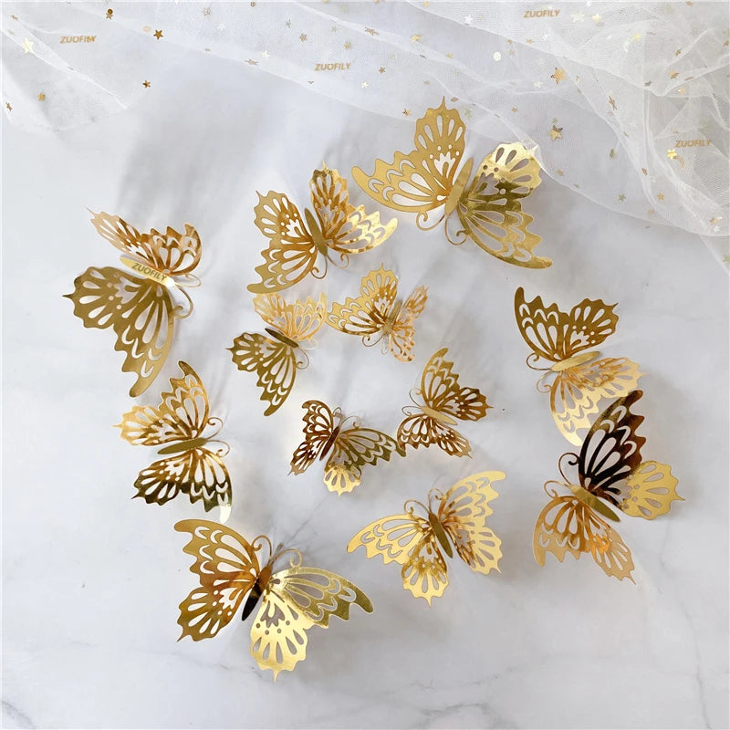 12PCS 3D Hollow Butterfly Wall Stickers – Gold, Silver & Rose Decorative Decals for Wedding, Living Room & Home Decor