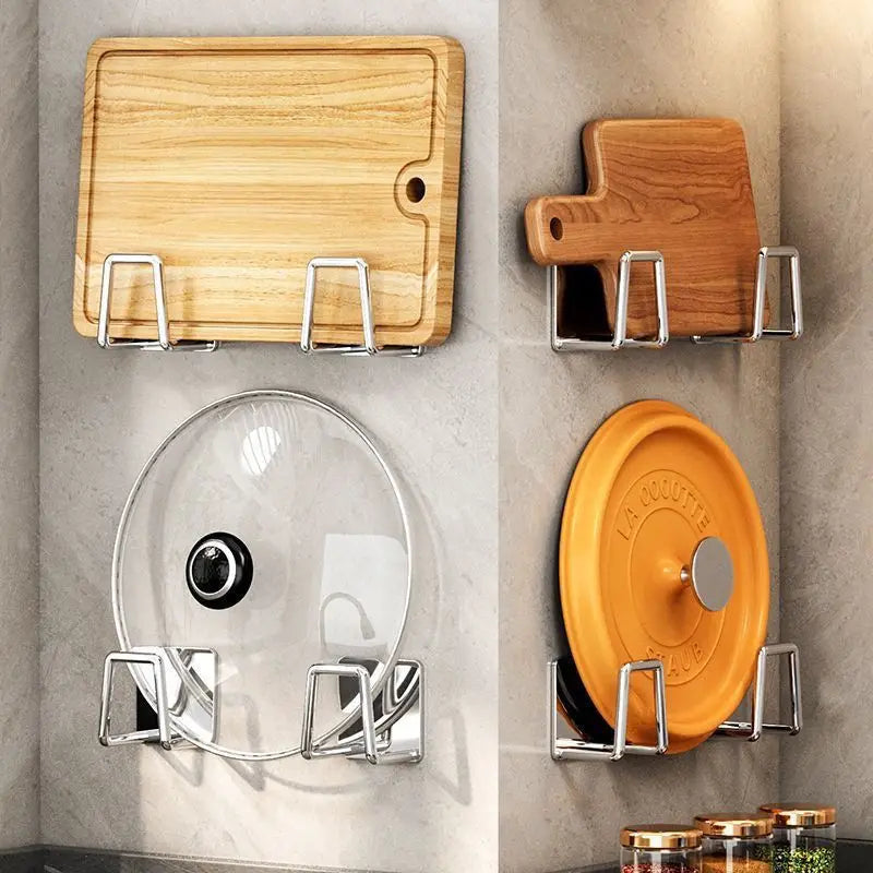Kitchen Non-Perforated Stainless Steel Storage Rack — Wall-Mounted Pot Cover & Cutting Board Organizer for Cabinets
