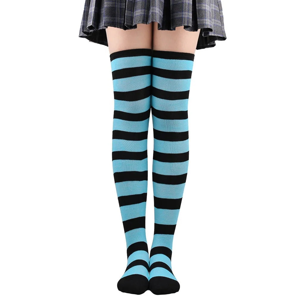 Color Striped Japanese Over-Knee Socks – Fashionable Slim Fit Black & White Stockings for Women