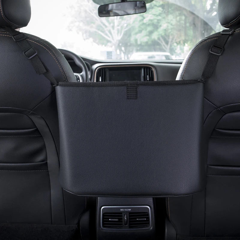 Car Seat Middle Hanger Leather Storage Bag – Multifunction Hanging Organizer with Handbag Holder, Water Cup & Tissue Pockets