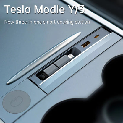 Tesla Model 3/Y USB Hub – 27W 3-in-1 Docking Station with Retractable Cable & Apple Watch Wireless Charging