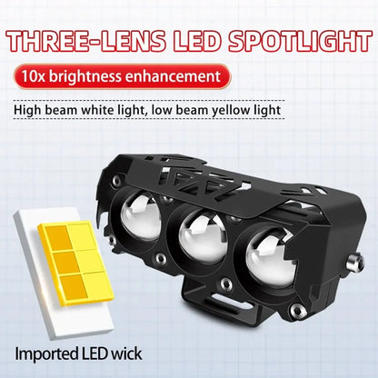 Motorcycle LED Spotlight — Dual-Color Hi/Low Beam Fog Lamp for Cars, Trucks, SUVs & UTVs, 12V/24V Mini Lens Driving Light