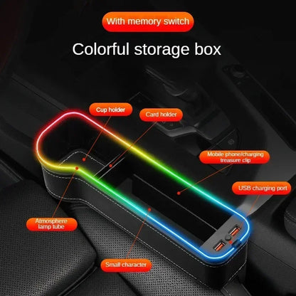 Car Crevice Storage Box with 2 USB Chargers & LED Light – Seat Gap Organizer for Phone, Cards, Bottles, and Cups