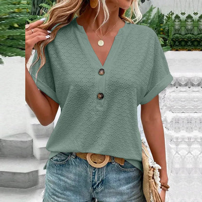 2023 Women's Jacquard V-Neck Blouse – Casual Button-Up, Loose Fit Short Sleeve Oversized Summer Shirt