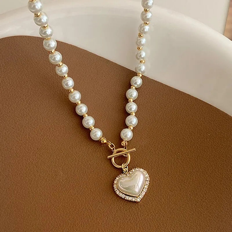 Elegant Pearl Necklace for Women – Heart Pendant Luxury Imitation Pearls Chain, Korean Jewelry Gift for Girls