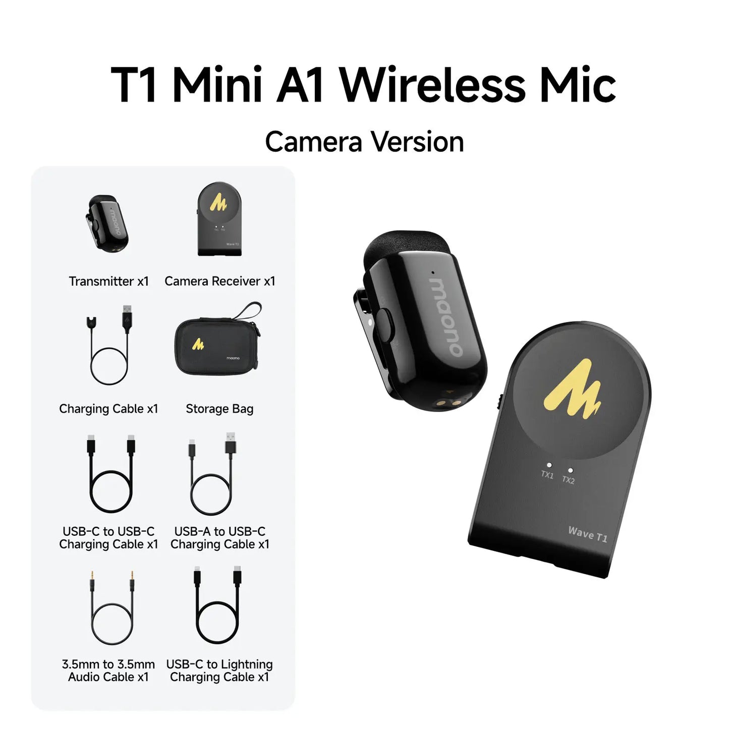 MAONO T1 Mini Wireless Lapel Microphone – Noise-Canceling Clip-On Mic for iPhone, Android, Tablet & PC Recording