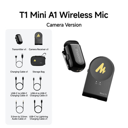 MAONO T1 Mini Wireless Lapel Microphone – Noise-Canceling Clip-On Mic for iPhone, Android, Tablet & PC Recording