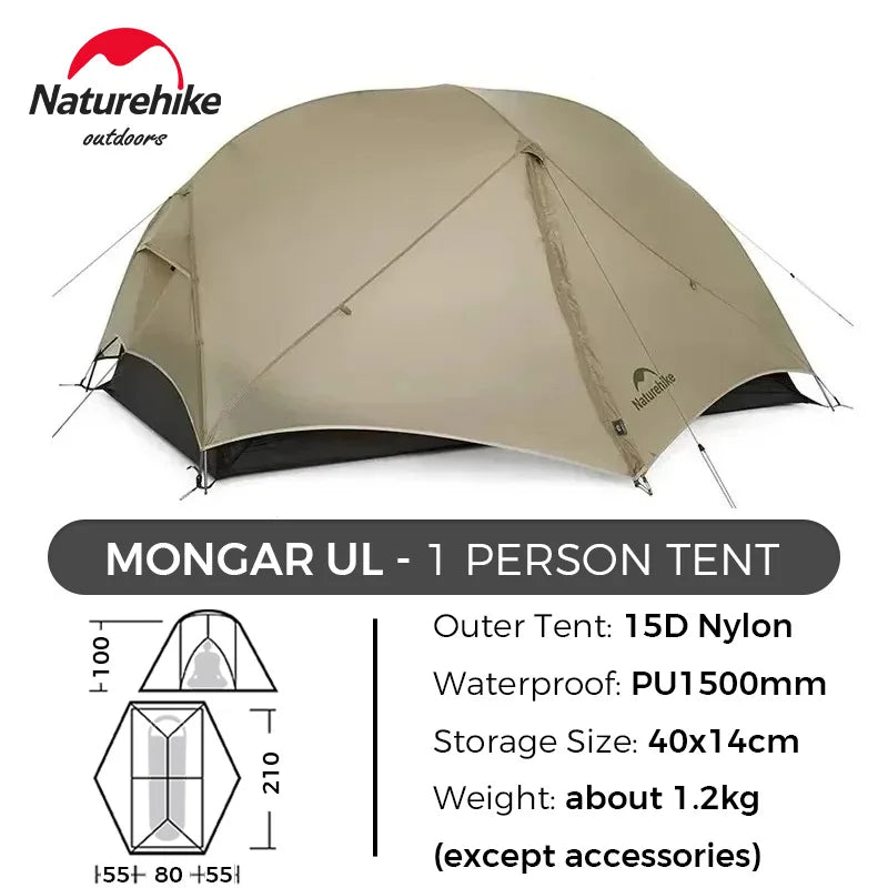 Naturehike Mongar UL Hiking Tent – 1-2 Person Ultralight Waterproof 15D Nylon Backpacking Tent