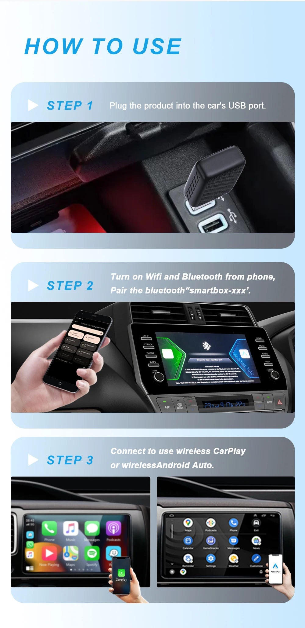 Wired to Wireless CarPlay & Android Auto Adapter – 2-in-1 Smart Box with Auto Connect for Mazda, Audi, Kia, Ford