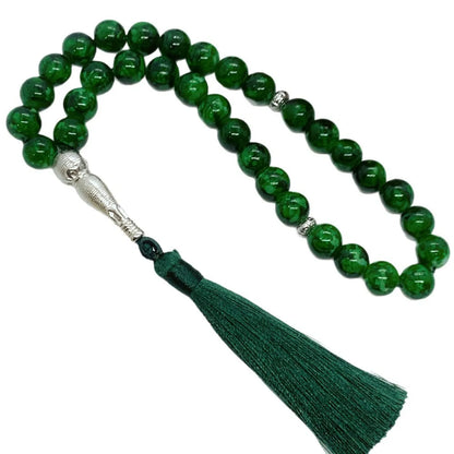 10mm Green Malachite Rosary Bracelet – 33 Beads Islamic Muslim Tasbih Prayer Beads with Tassel Pendant for Men & Women Spiritual Jewelry