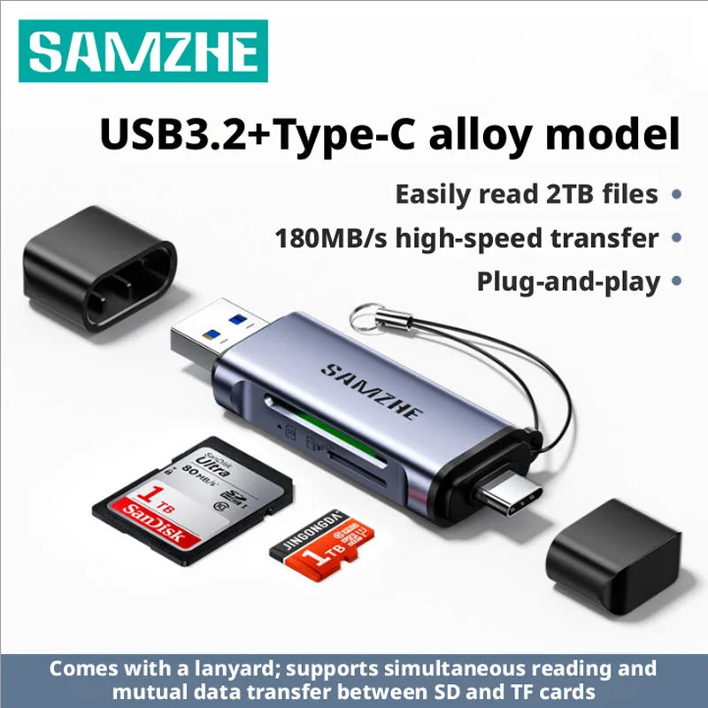 SAMZHE USB 3.2 Card Reader - Dual-Slot SD & MicroSD TF Reader with USB-A & USB-C Support