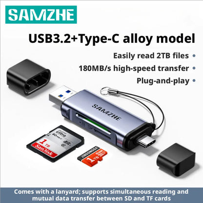SAMZHE USB 3.2 Card Reader - Dual-Slot SD & MicroSD TF Reader with USB-A & USB-C Support
