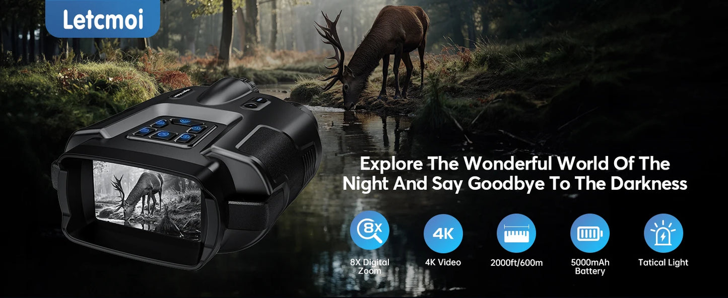 USB Rechargeable 4K Night Vision Binoculars — 600m Range, 8X Digital Zoom HD for Hunting, Camping & Boating