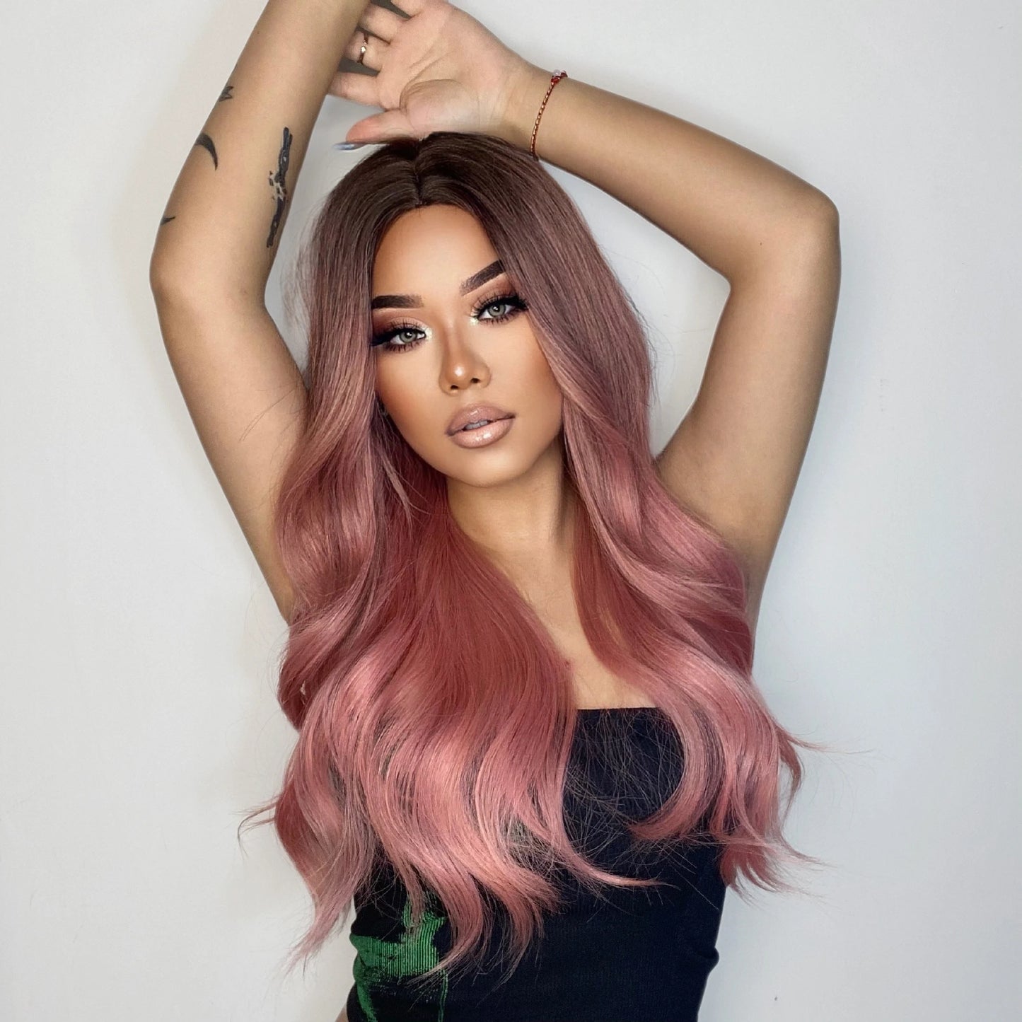 Long Pink Wavy Wig for Women — Middle Part Synthetic Hair, Heat-Resistant, Natural-Looking Cosplay Wig