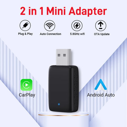 2 in 1 Wireless CarPlay & Android Auto Adapter – Wired to Wireless Dongle, Bluetooth Plug & Play Mini Box
