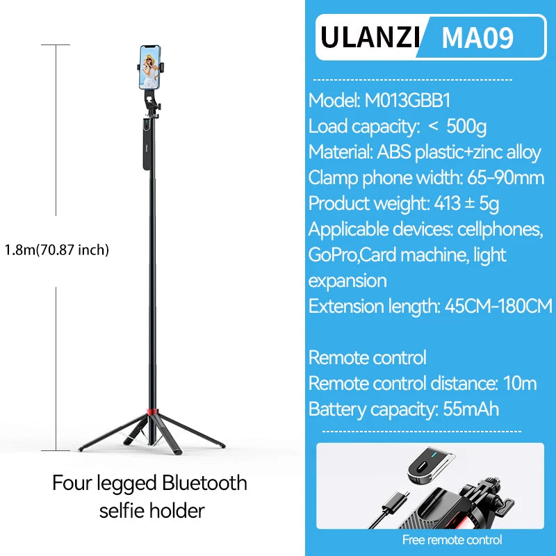Ulanzi MA09 1.8m Selfie Stick Tripod – Remote Control Tripod for iPhone 16-13 Pro Max & Android with Panoramic Ball Head Holder