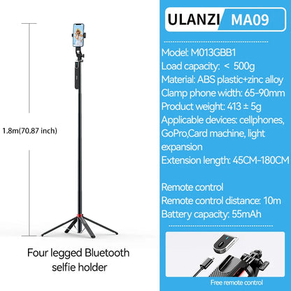 Ulanzi MA09 1.8m Selfie Stick Tripod – Remote Control Tripod for iPhone 16-13 Pro Max & Android with Panoramic Ball Head Holder