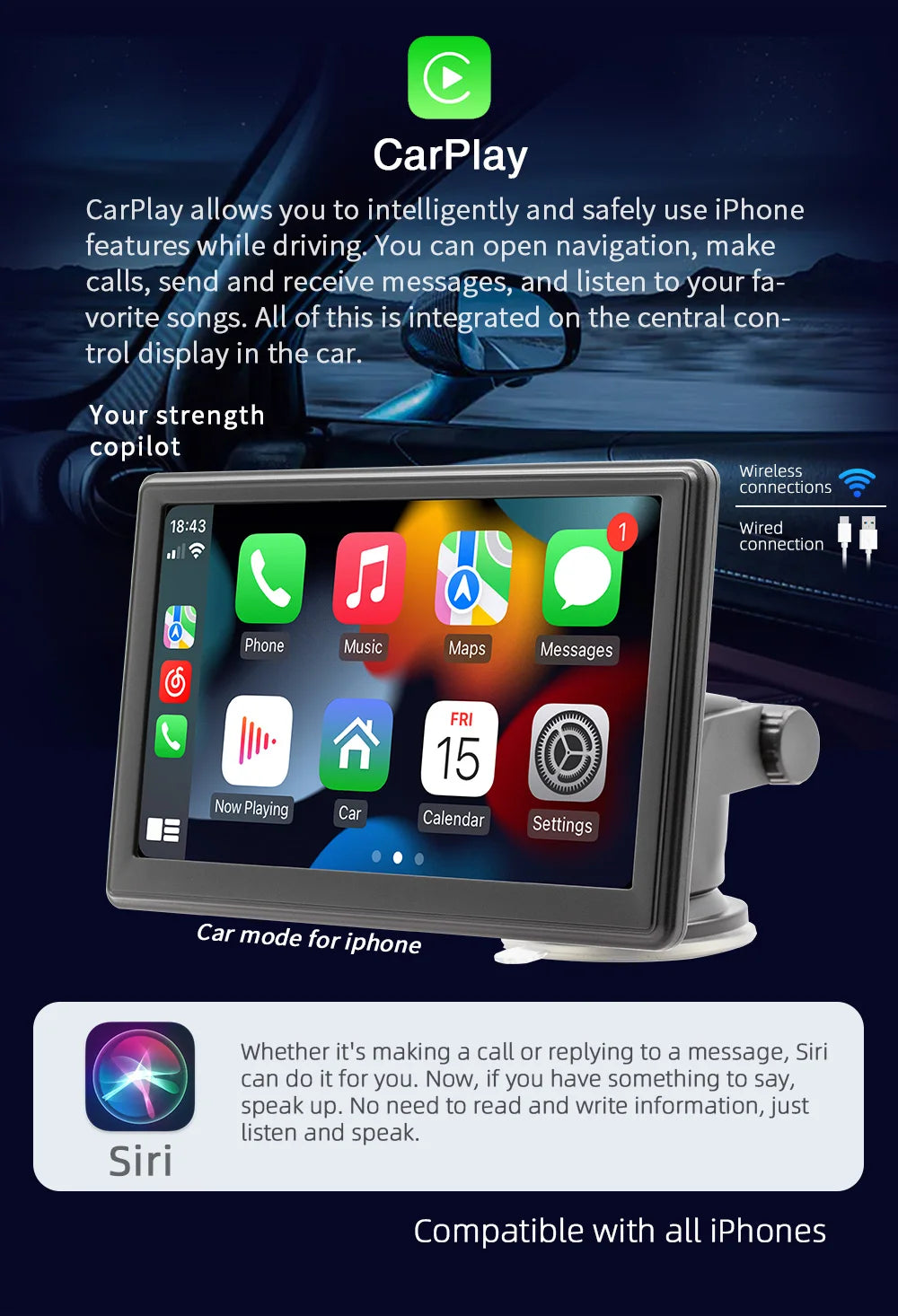 BQCC 7" HD IPS Car MP5 Player — Portable Stereo with Wireless CarPlay, Android Auto, BT, FM, USB & WiFi