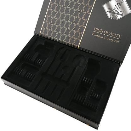 Drmfiy 24P Stainless Steel Cutlery Set - Knife Fork Spoon Flatware - Black Tableware Gift Box - Dishwasher Safe Dinnerware Kitchenware