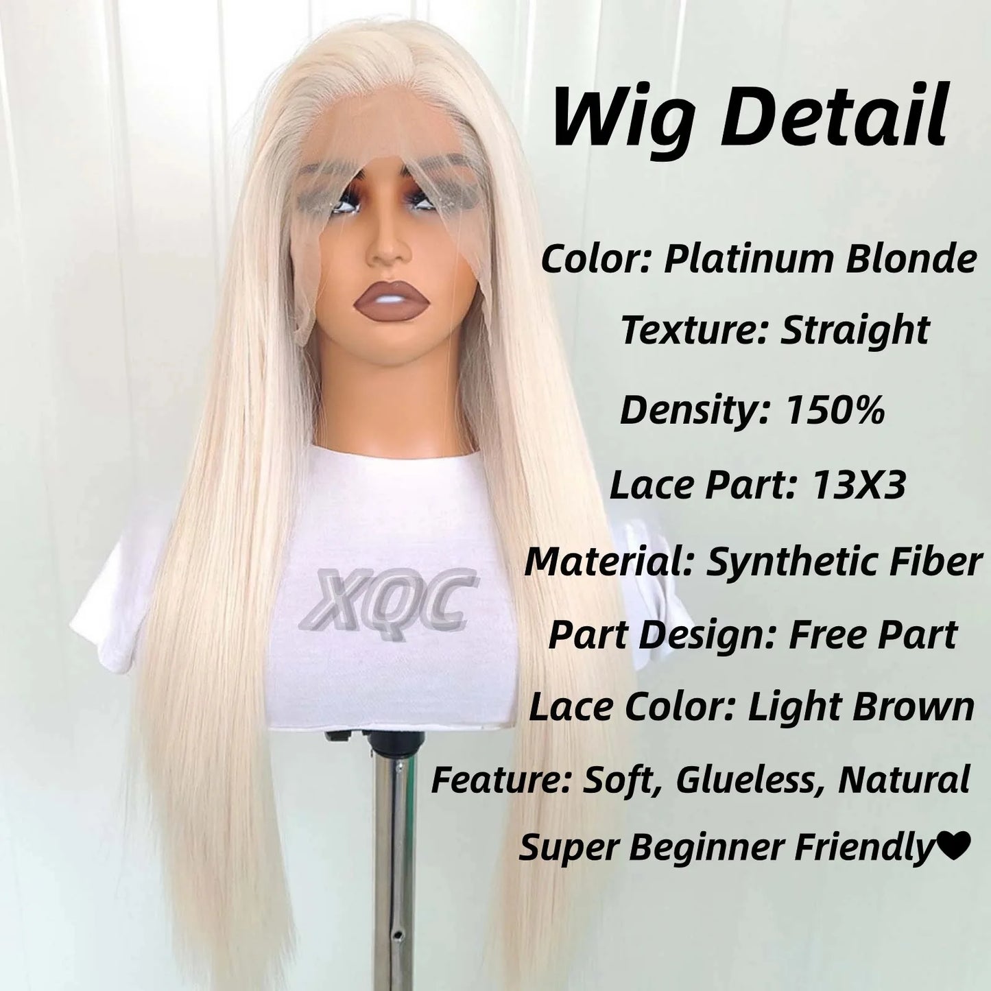 Blonde Straight Synthetic Lace Front Wig – Glueless Long Platinum White Blonde Hair Wig for Women