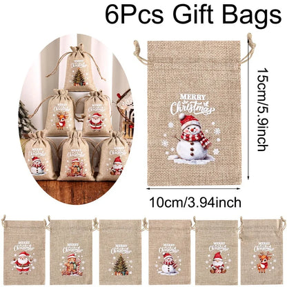 6pcs Christmas Linen Drawstring Gift Bags - Burlap Candy Biscuit Pouches for Holiday Decor & Xmas Gift Packaging