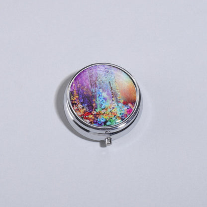 3-Compartment Stainless Steel Pill Box - Round Floral Medicine Organizer, Portable Capsule Case with Dividers