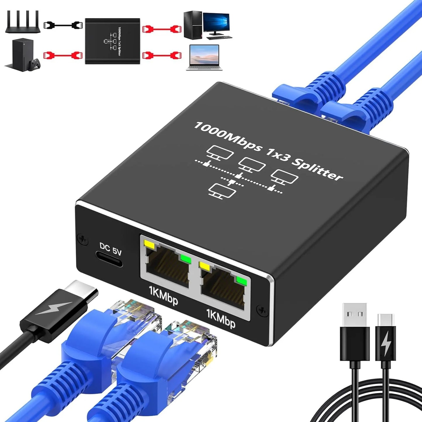 RJ45 Splitter 1-in-2/3/4 Out — 1000Mbps Gigabit Ethernet Network Adapter, Internet Extender & RJ45 8P8C Converter Plug