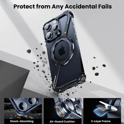Oatsbasf Z-Shape Metal Phone Case for iPhone 15/16 Pro Max | Shockproof Cover with 360° Rotating Holder