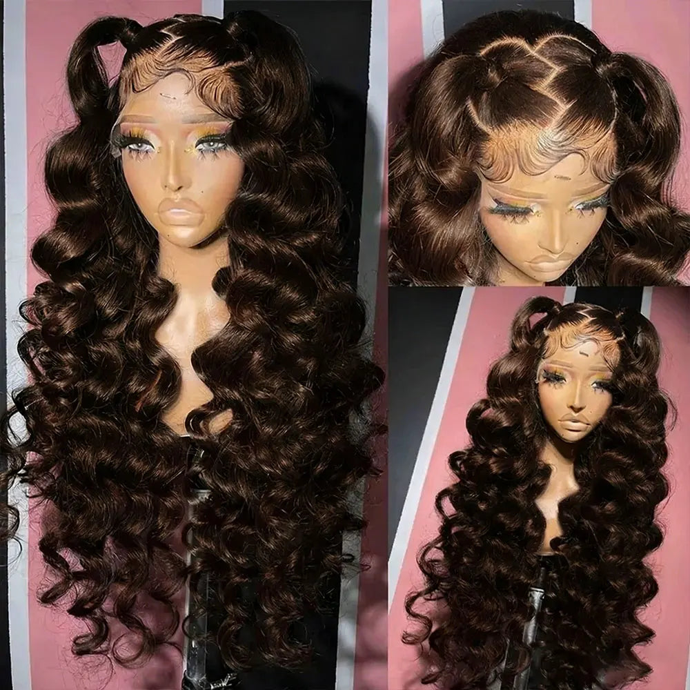 Chocolate Brown Deep Wave Lace Frontal Wig - 13x4 Transparent Lace 34 Inch Human Hair Curly Wig 250% Density