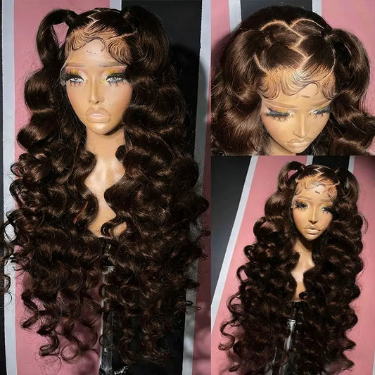 Chocolate Brown Deep Wave Lace Frontal Wig - 13x4 Transparent Lace 34 Inch Human Hair Curly Wig 250% Density