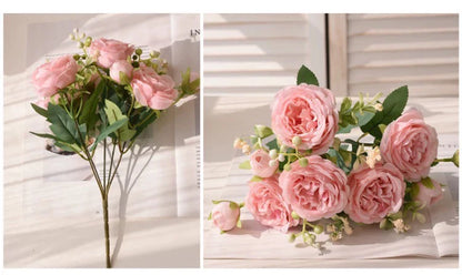 30cm Rose Pink Peony Silk Bouquet Artificial Flower, 5 Big Heads & 4 Small Buds for Wedding & Home Decor