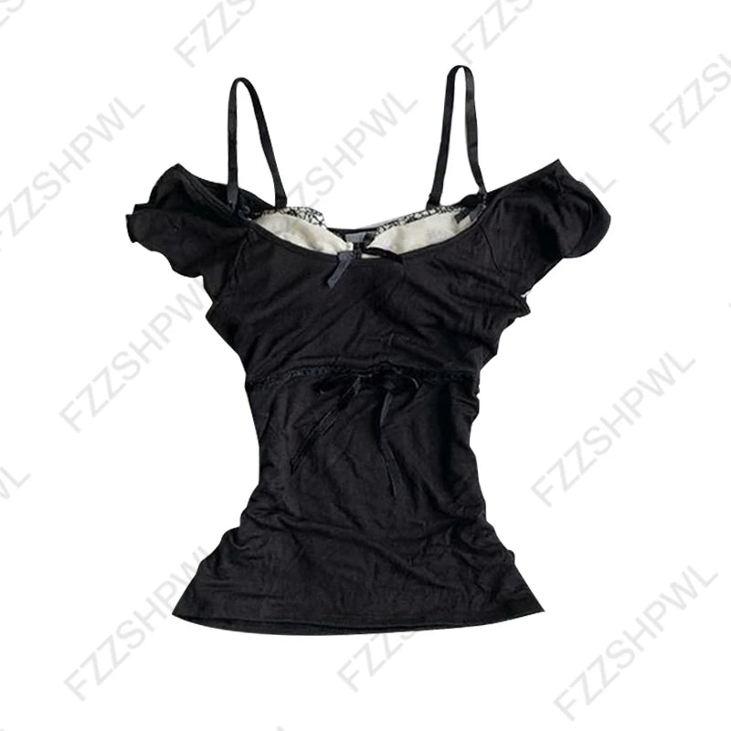 Women’s Grunge Punk Gothic Camisole Top – Y2K V-Neck Bow Lace Slim Fit Crop Cami Streetwear