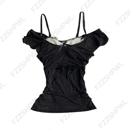 Women’s Grunge Punk Gothic Camisole Top – Y2K V-Neck Bow Lace Slim Fit Crop Cami Streetwear