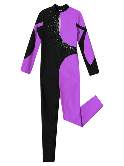Kids Girls Long Sleeve Rhinestone Bodysuit — Full Body Dancewear Gymnastics Leotard Skating Jumpsuit