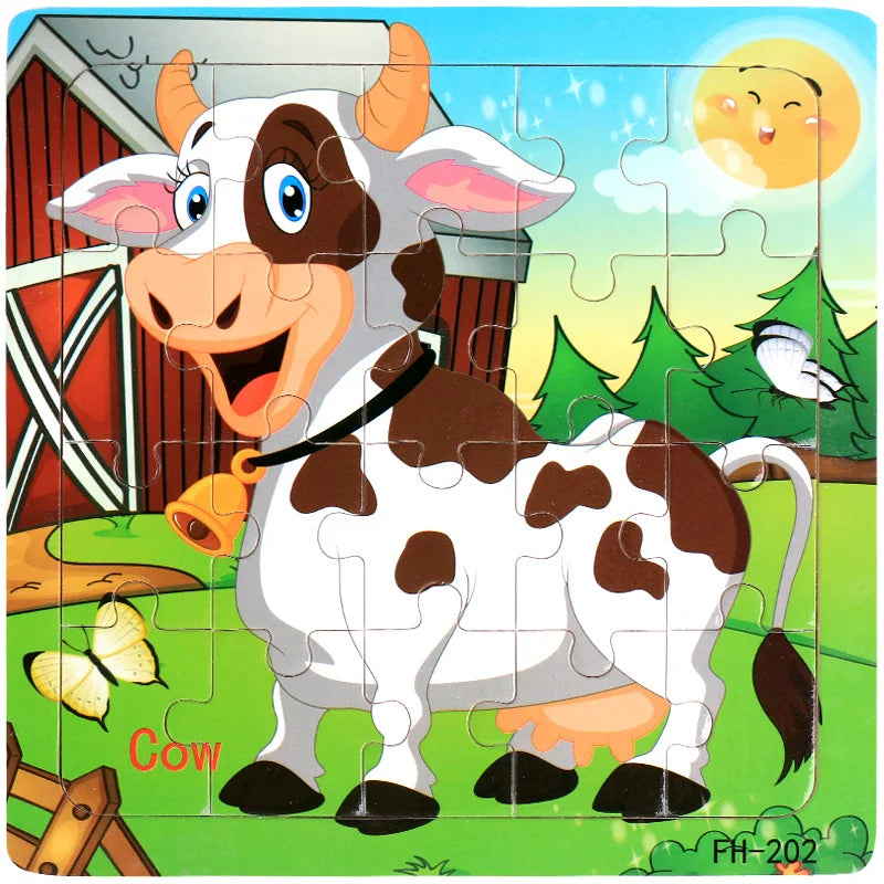 20-Piece Wooden Puzzle Set — Cartoon Animals, Cars, Letters & Numbers Educational Jigsaw Toys for Kids