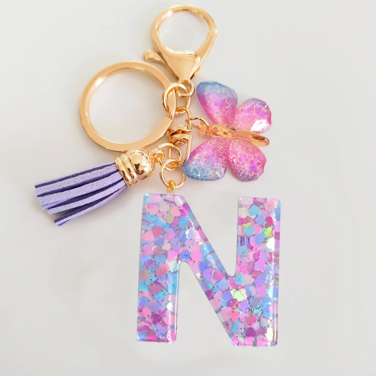 Butterfly Initial Keychain - Fringe Sequin A-Z Letter Bag Charm for Women & Students