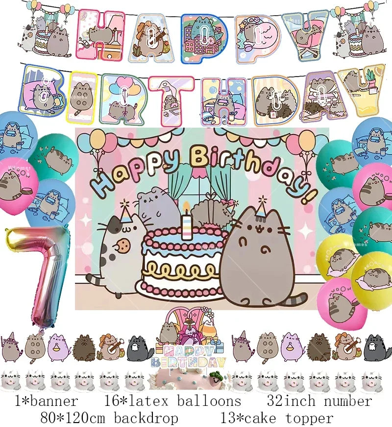 Pusheen Cat Birthday Party Decorations - Cartoon Pet Theme Balloons, Banner, Backdrop, Cake Topper, and Baby Shower Stickers