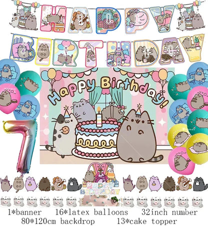 Pusheen Cat Birthday Party Decorations - Cartoon Pet Theme Balloons, Banner, Backdrop, Cake Topper, and Baby Shower Stickers