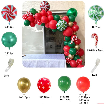 Christmas Balloon Garland Arch – Red & Green Balloons, Star, Santa, and Gift Box Foil Balloons for Xmas and New Year Decoration
