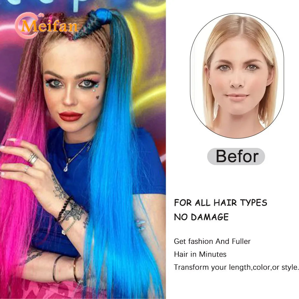 MEIFAN Synthetic Color Braid Ponytail Extension – Red, Green, Blue, Pink, Straight Hair Wrap Around with Elastic Tie