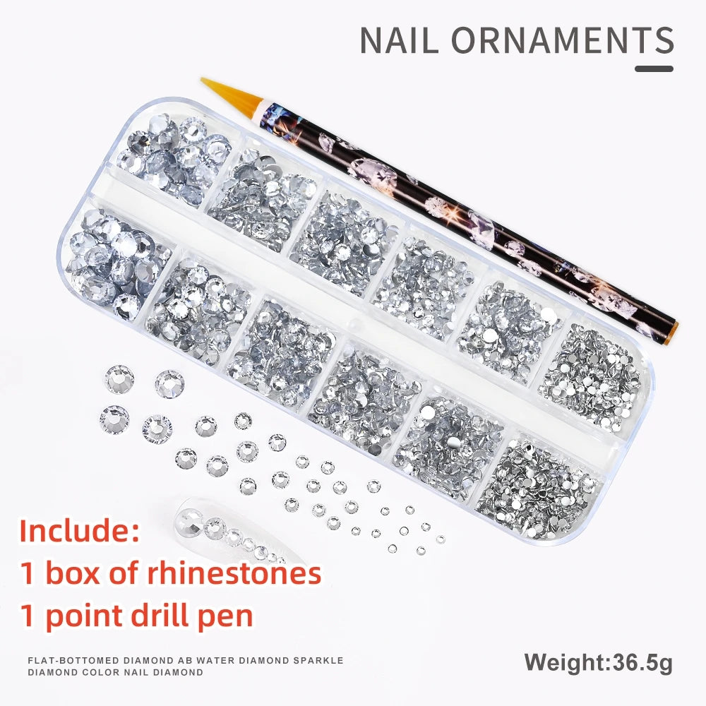 12-Grid 3D Glass AB Crystal Nail Art Rhinestones Kit – Flatback Round Beads with Tools for Nail Jewelry & Diamond Decoration